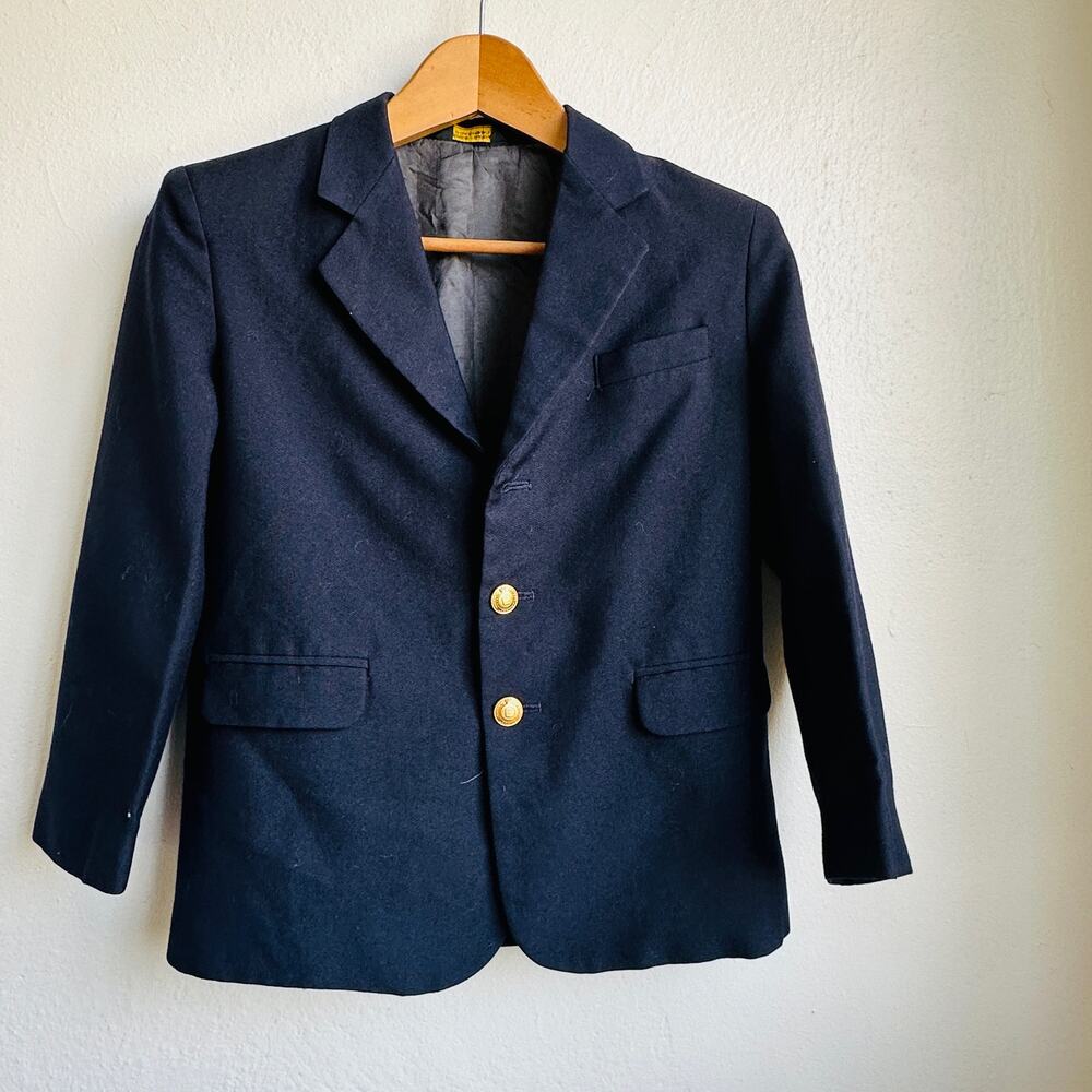 Vintage Liz Claiborne 90s Blazer Navy Wool Blend Shrunken Prep 3/4 Sleeve SZ 10